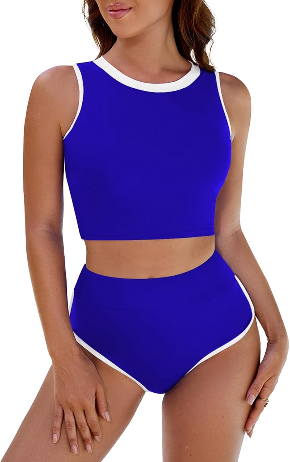 Pink Queen Women's High Waisted Bikini Sets Crew Neck Sporty 2 Piece Swimsuits C...