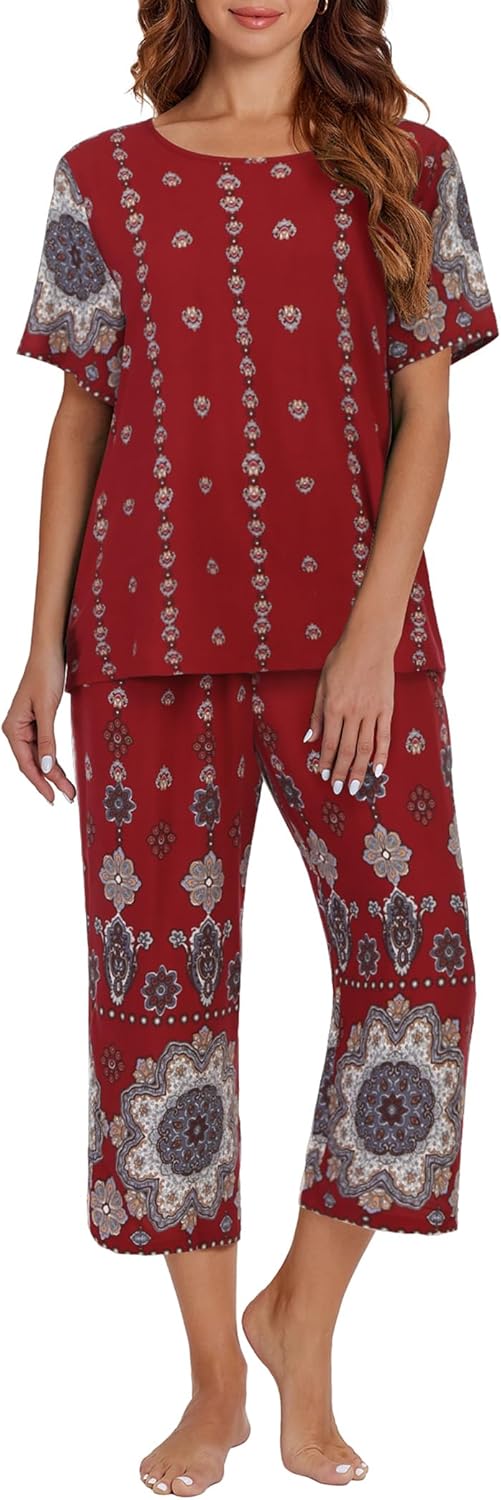 Ekouaer Women's Capri Pajama Sets Short Sleeve Shirt and Capri Pants Mumu Pajama...