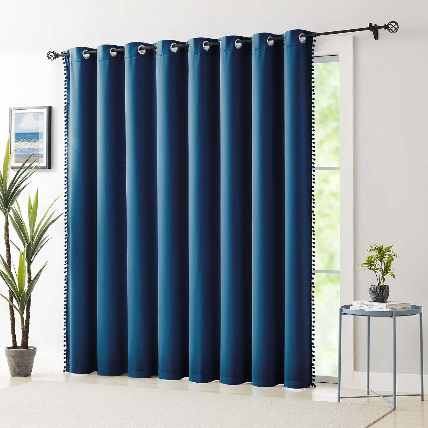 100% Blackout Patio Door Curtains 84" Navy Blue Pom Pom Curtain Panels Sliding G...