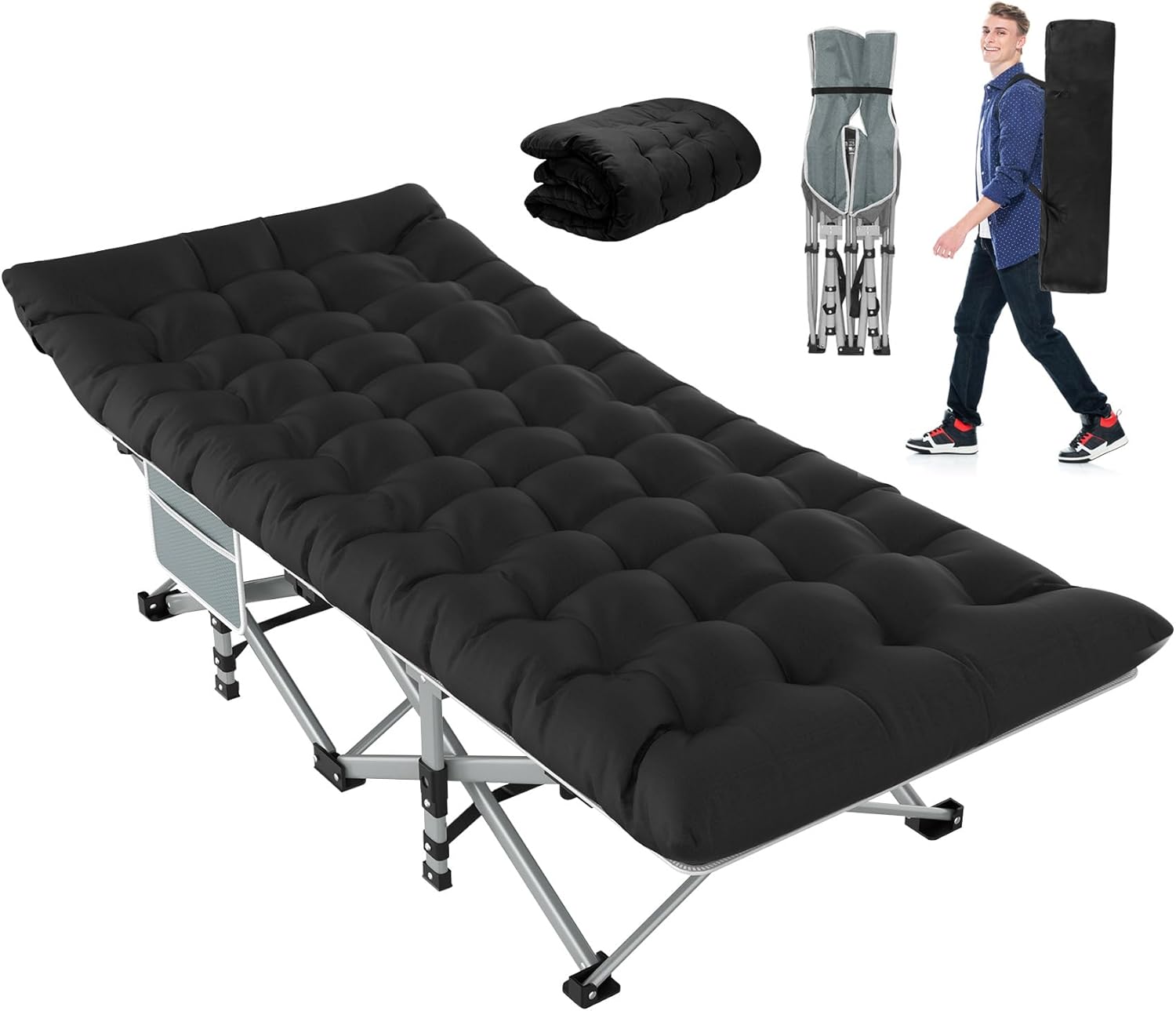 Slendor Folding Camping Cot with Mattress Black,Ma...