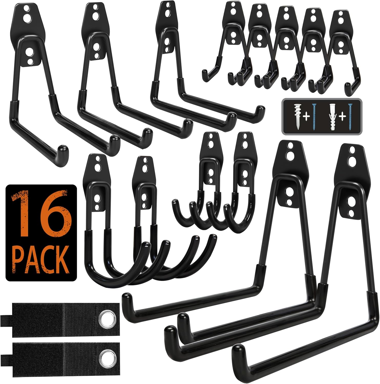Steel Garage Storage Hooks - 16 Pack Anti-Slip Coating, Heavy Duty Wall Mount Ho...