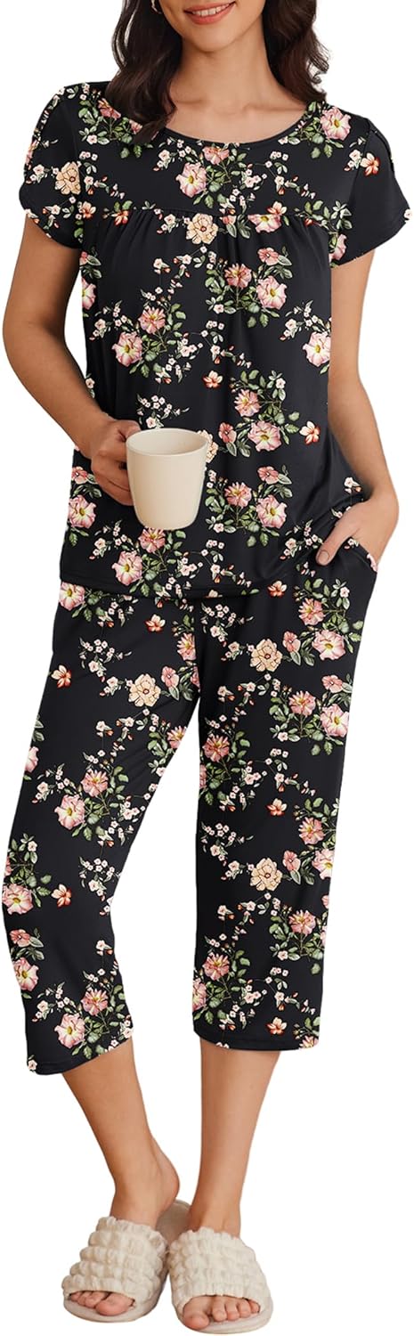 Ekouaer Womens Pajama Set Short Sleeve Sleepwear Pleated Floral Pjs Set Capri Pa...