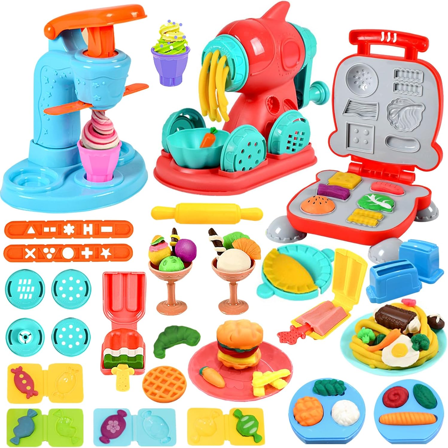 Crelloci 3 in 1 Play Color Dough Kitchen Creations Set, Ice Cream Noodle Hamburg...