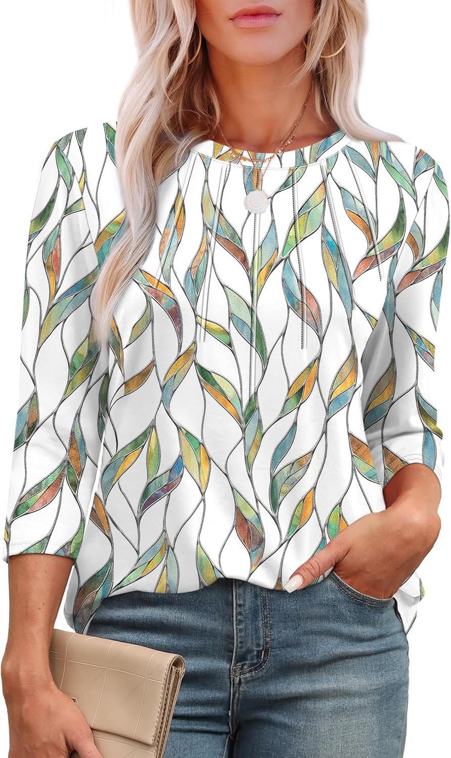 Aokosor Womens 3/4 Sleeve Tops Ladies Blouses Crew Neck Pleated Shirts Fashion D...