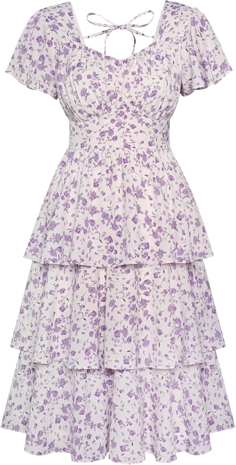 Belle Poque Women's Square Neck Tiered Ruffle Dress 2025 Summer Vintage Short Sl...