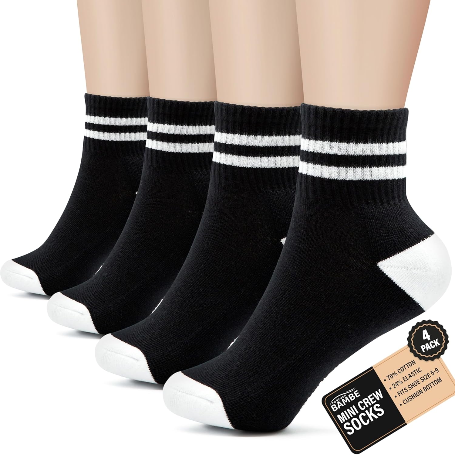 Mini Crew Socks for Women 4-Pack Cushioned Bottom Retro Striped Socks Athletic A...