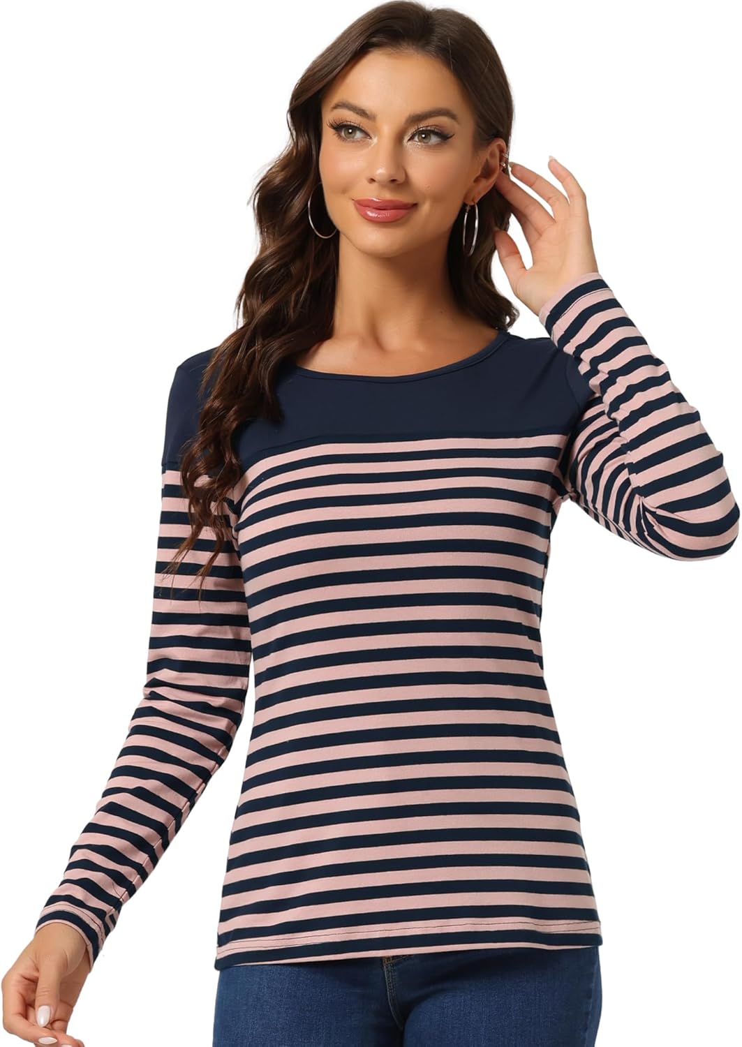 Allegra K Women's Long Sleeve Tops Slim Fit Round Neck Top Spring Fall Trendy Ca...