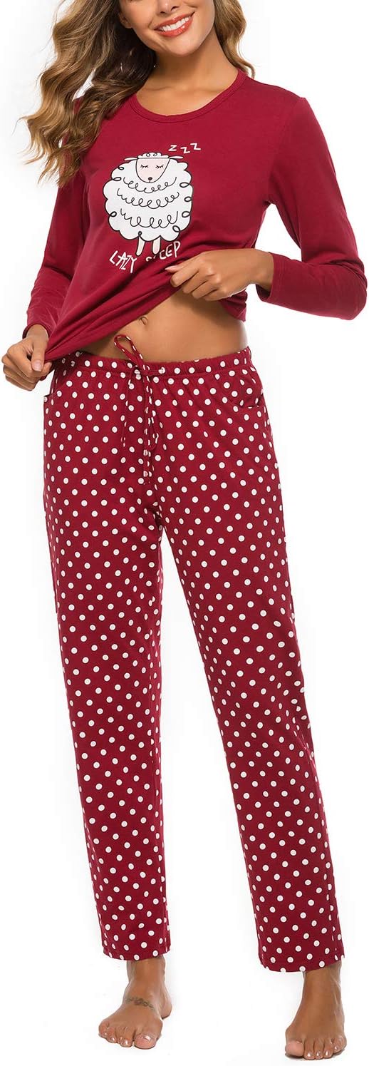 EISHOPEER Women's 2 Piece Cotton Long Sleeve Pajamas Set Cute Print Top and Pant...