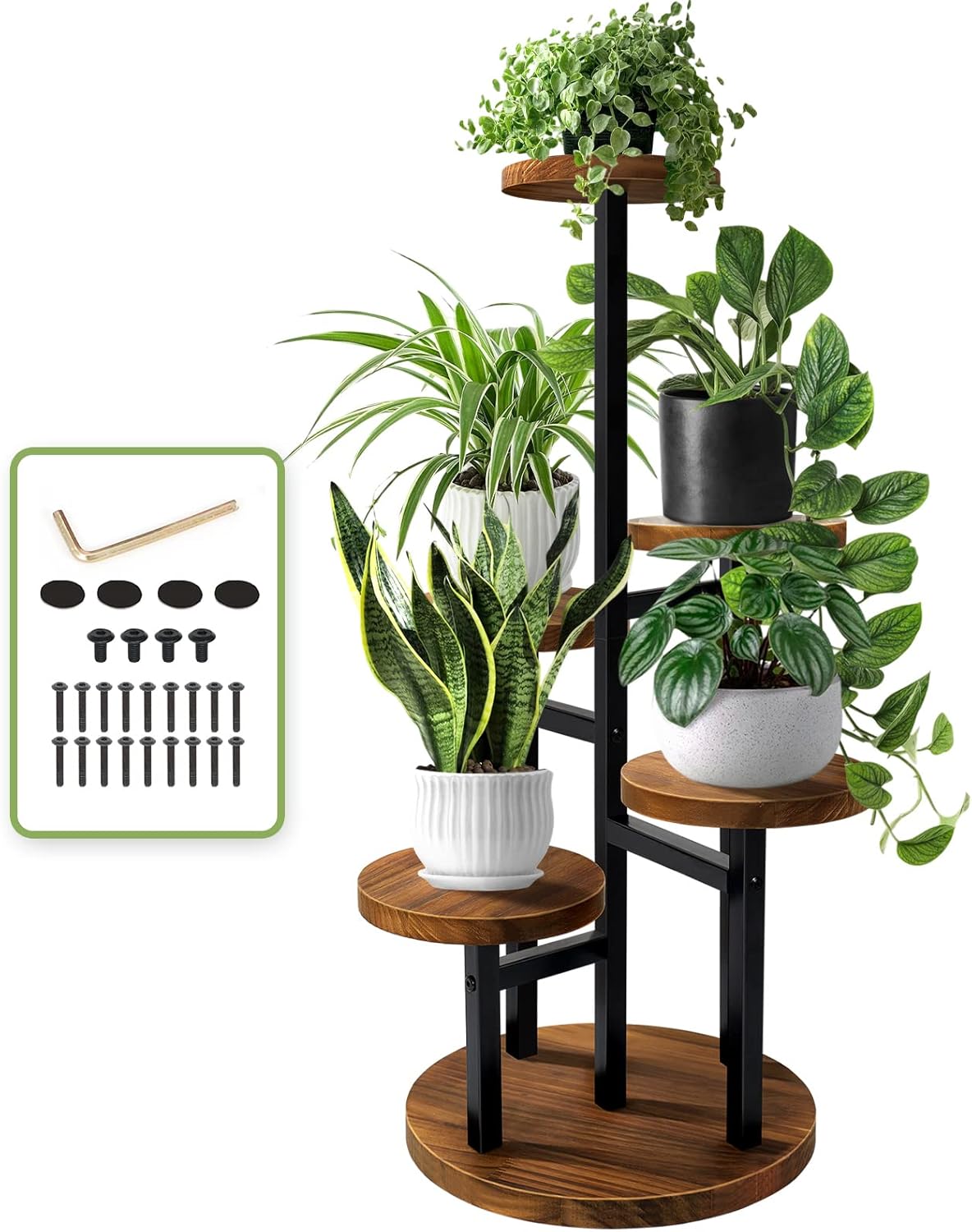 AUGOSTA 5 Tier Plant Stand, Tall Metal Wood Shelf Holder for Indoor Plants, Outd...