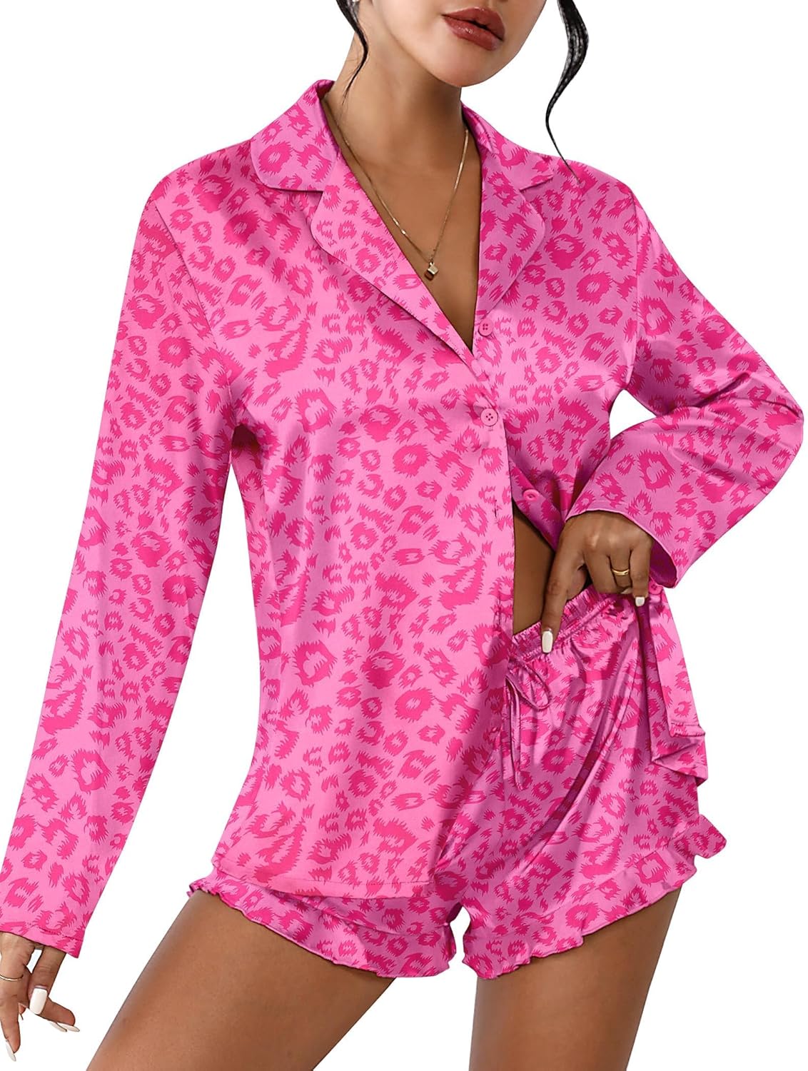 Ekouaer Womens Satin Pajama Sets Long Sleeve Top and Shorts Lounge Set Button Do...
