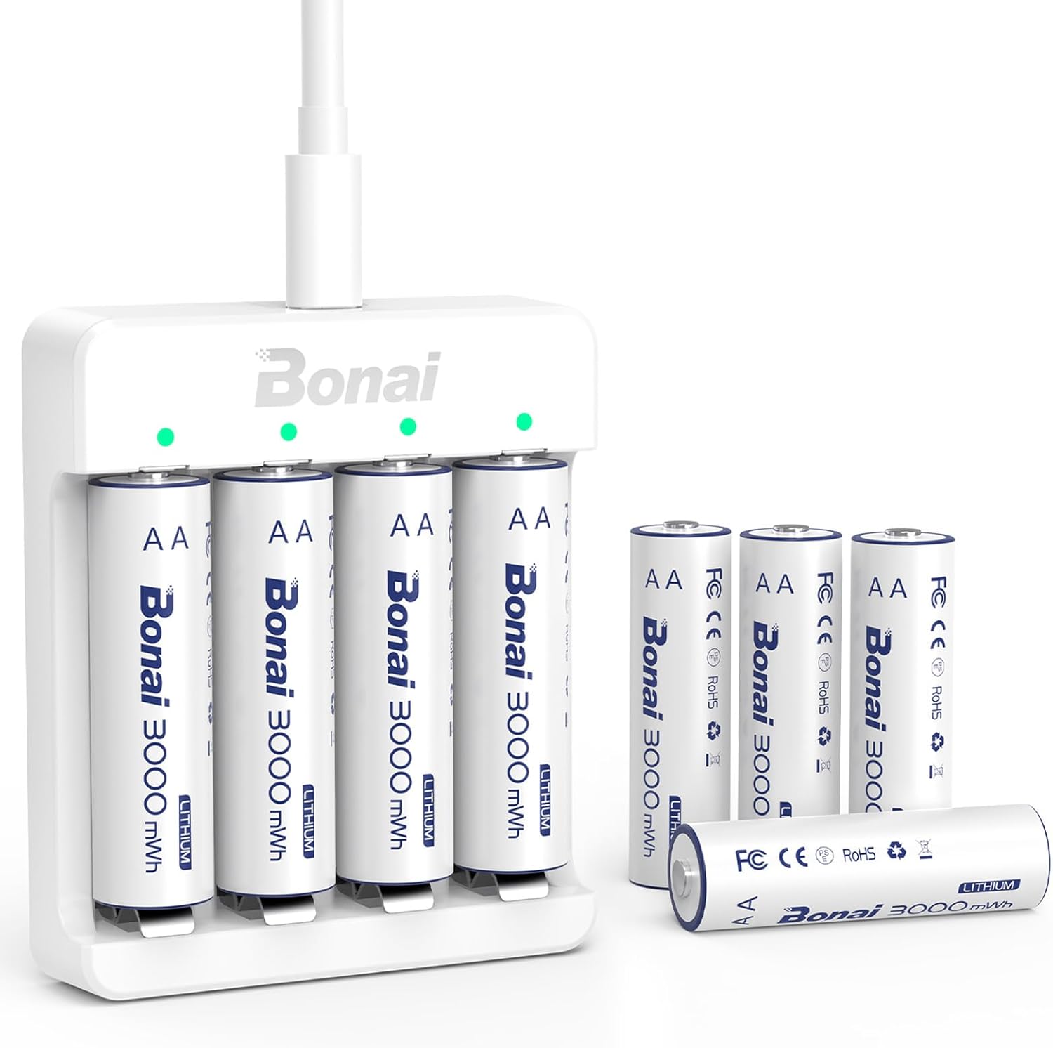 BONAI Rechargeable Lithium AA Batteries with Charger, 1.5V AA Batteries for Blin...