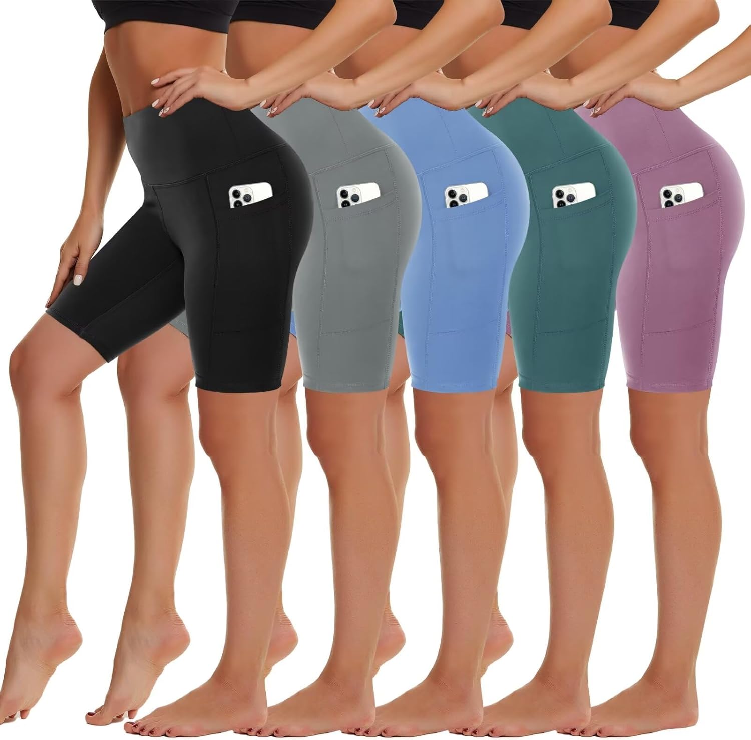 HIGHDAYS 5 Pack Biker Shorts with Pockets for Women - 5"/8" High Waist Spandex W...
