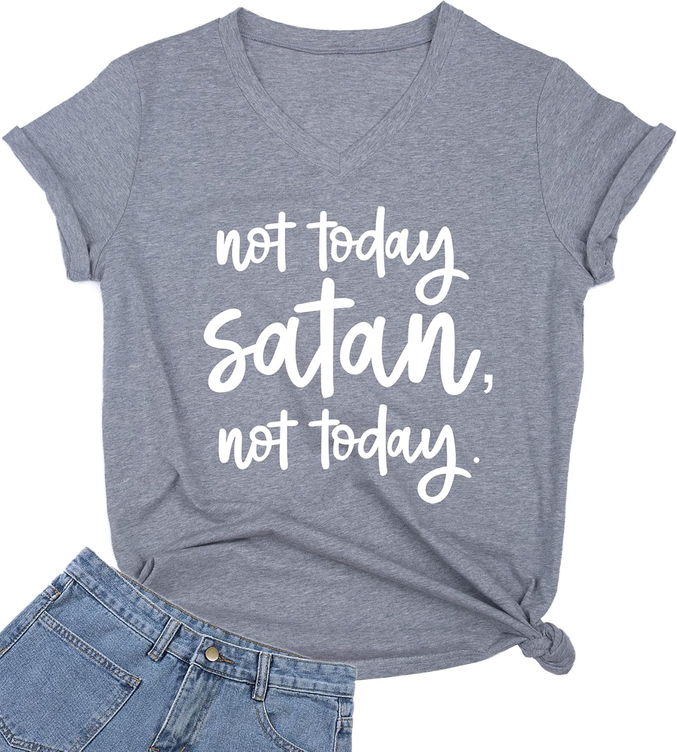 DANVOUY Women Not Today Satan V-Neck Graphic T-Shirt Casual Tops Tees X-Large Gr...