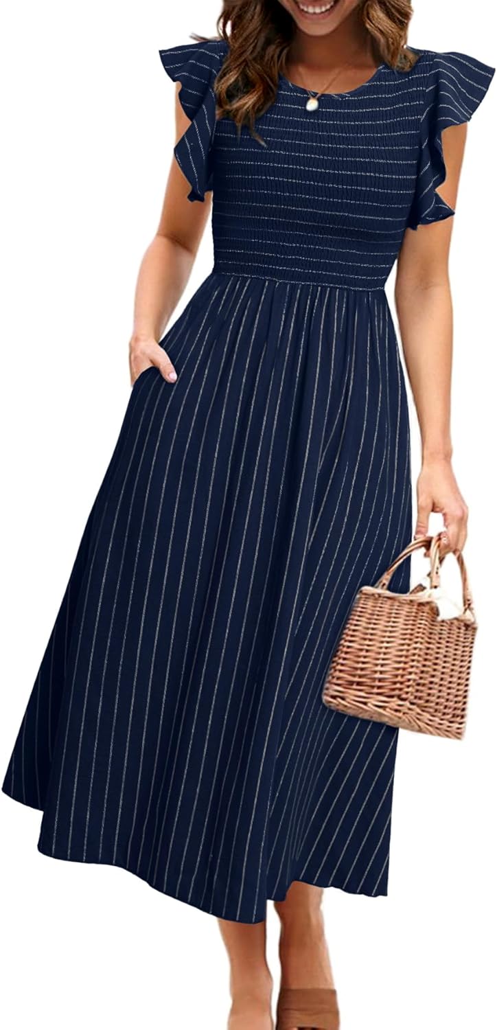 Simplee Womens Striped Midi Summer Dress Smocked Flutter Short Sleeve Dress 2025...