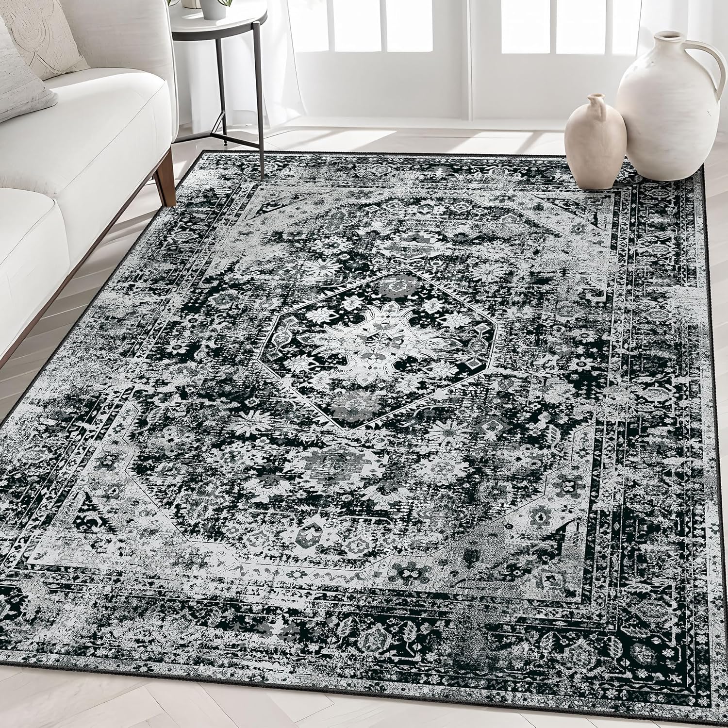 MUJOO Black Rug Washable 5x7 Area Rugs for Living Room Bedroom Large Non Slip Ca...