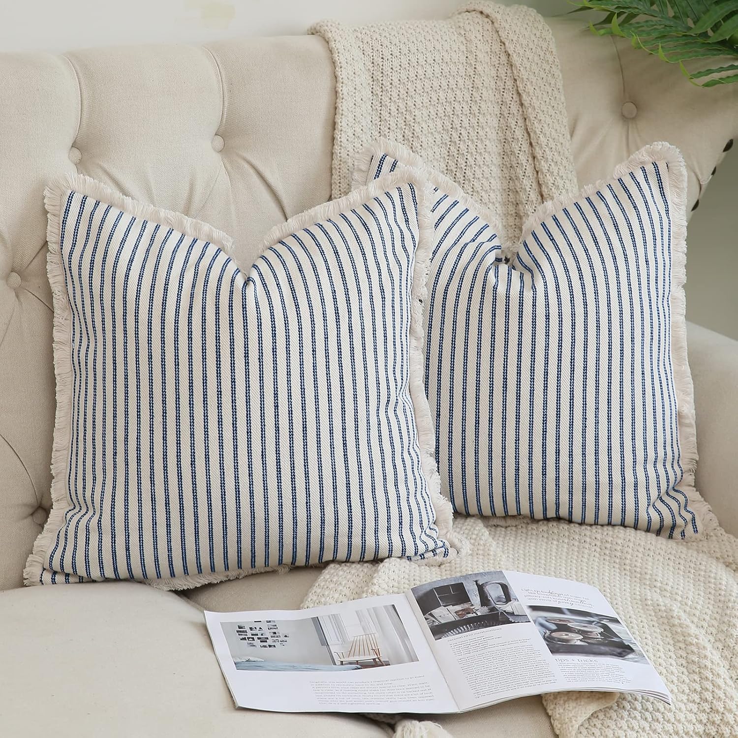Hckot Throw Pillow Covers 20x20 Set of 2 Striped Pillow Covers with Fringe Chic...
