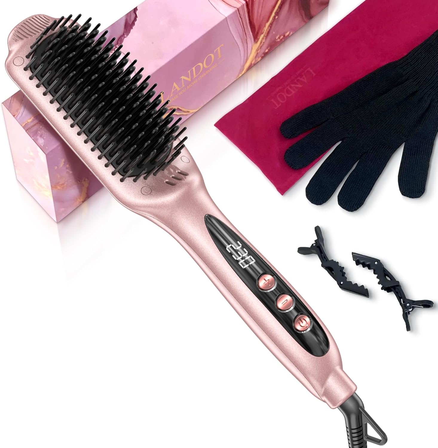 LANDOT Heated Straightening Brush: Negative Ion Ceramic Straightener - Hot Flat...