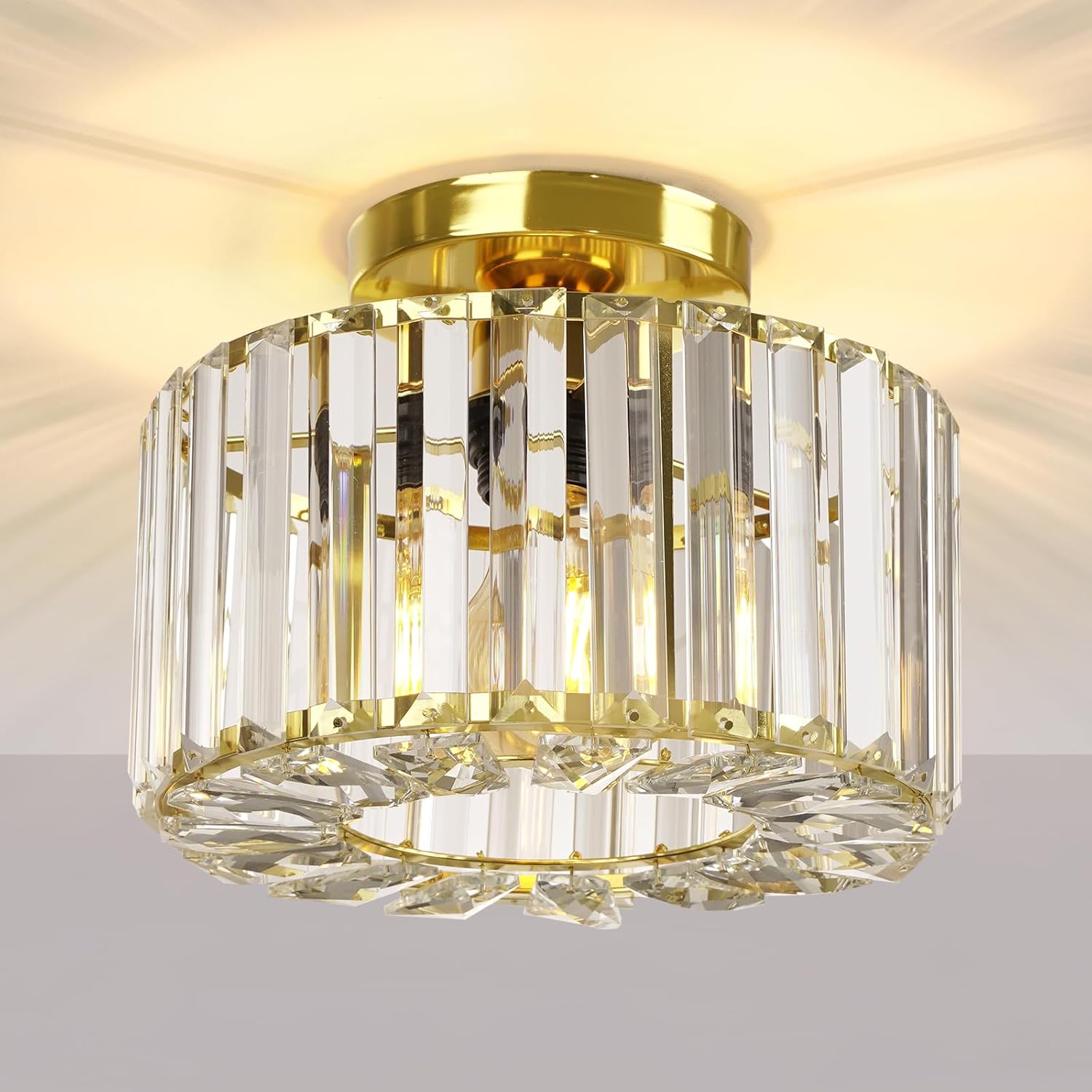 FRIDEKO HOME Gold Ceiling Light Fixture - Easric Industrial Crystal Semi Flush M...