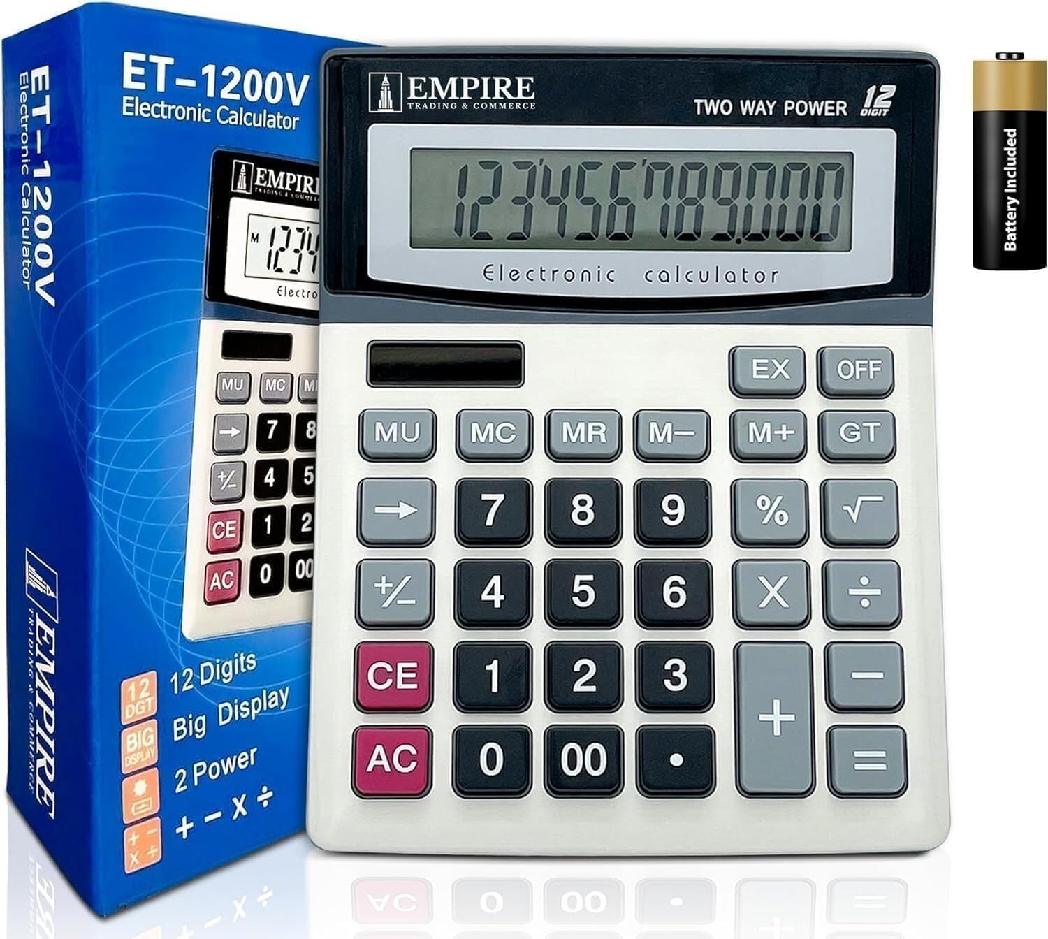 Empire Desk Calculator with Large Key Buttons, 12 Digits, Large Eye-Angled Displ...