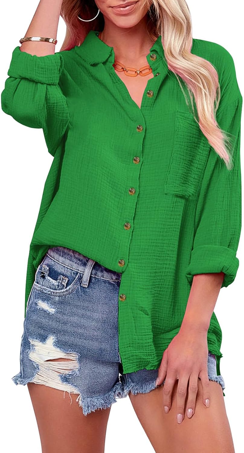 siliteelon Womens Button Down Shirts Cotton Gauze Long Sleeve Oversized Boyfrien...