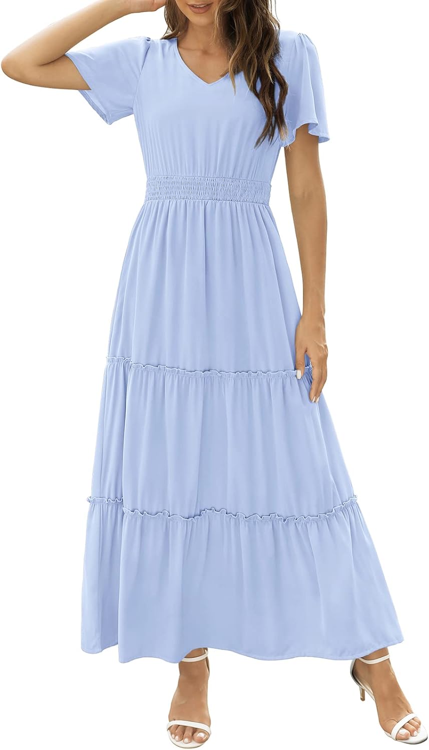 Zattcas Womens 2025 Long Summer Dress Short Flutter Sleeve V Neck Casual Smocked...