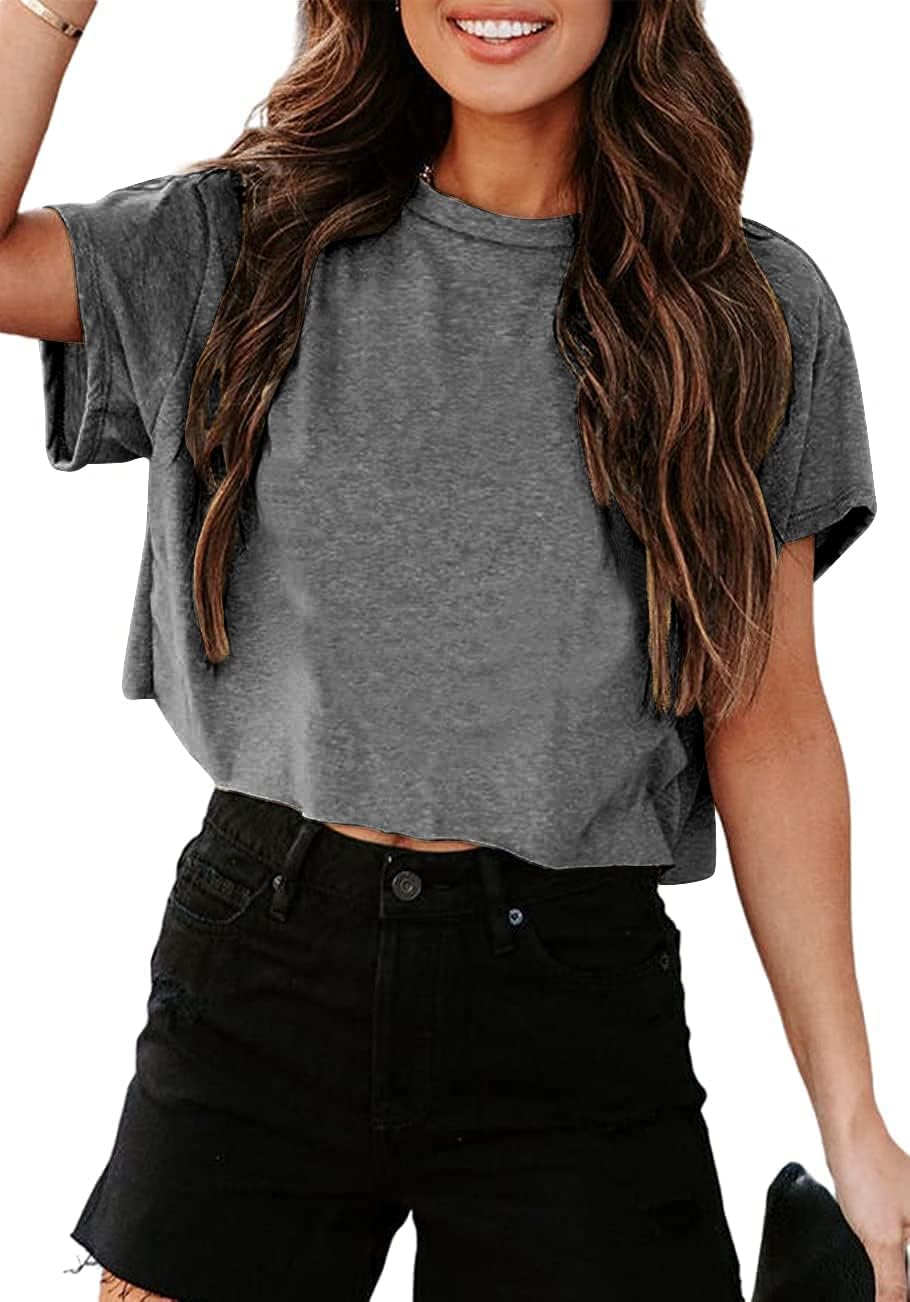 Tankaneo Women Short Sleeve Cropped T-Shirts Crew Neck Loose Crop Tops Summer Ca...