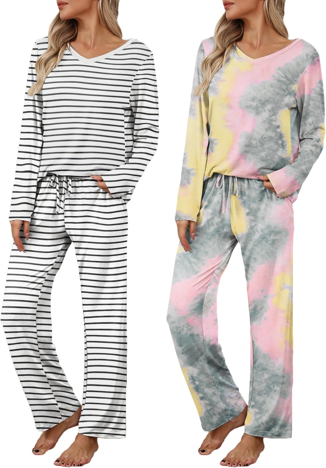 Ekouaer Womens 2 Pack Pajama Set Long Sleeve Pajamas Top and Pants V Neck Pjs Se...