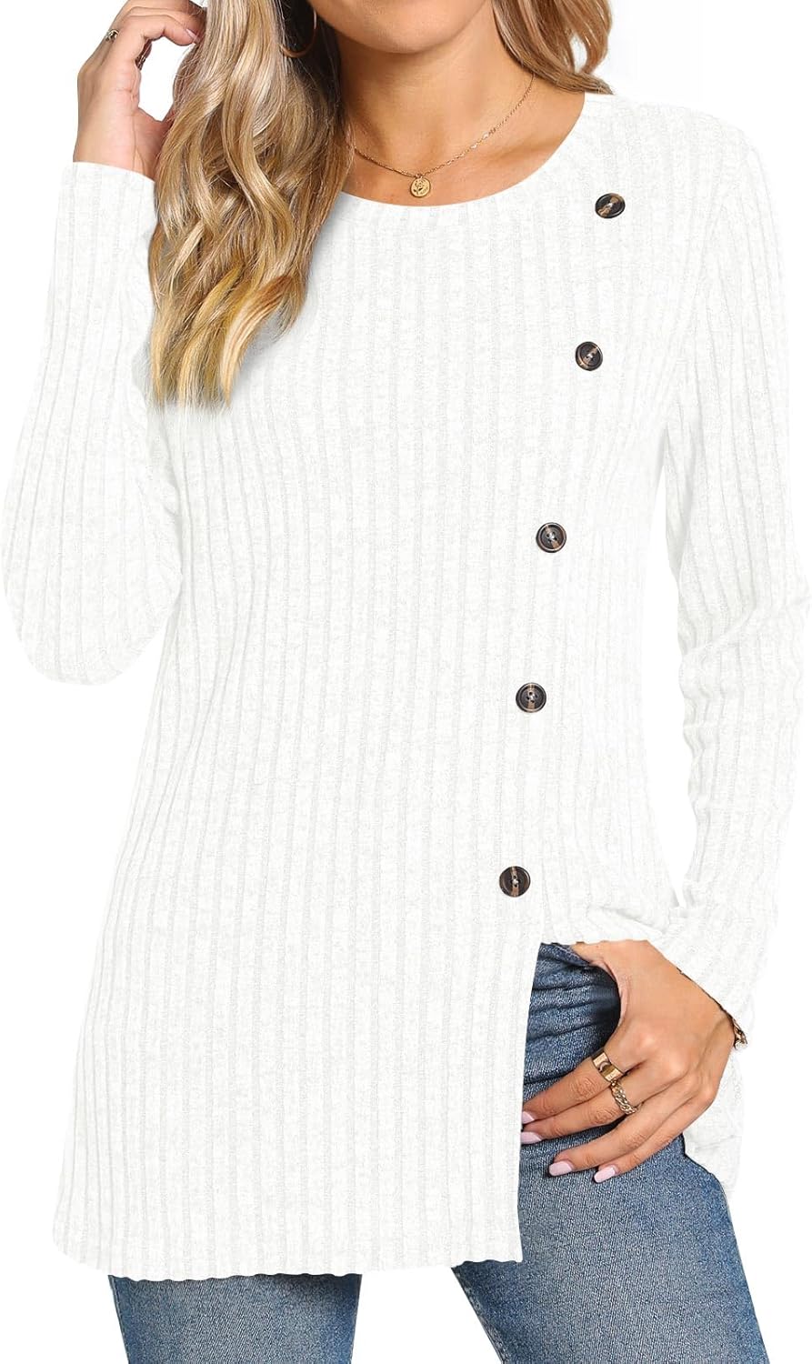 TAOHUADAO Women's Long Sleeve Jumpers Crewneck Tunic Tops with Button Sides Loos...