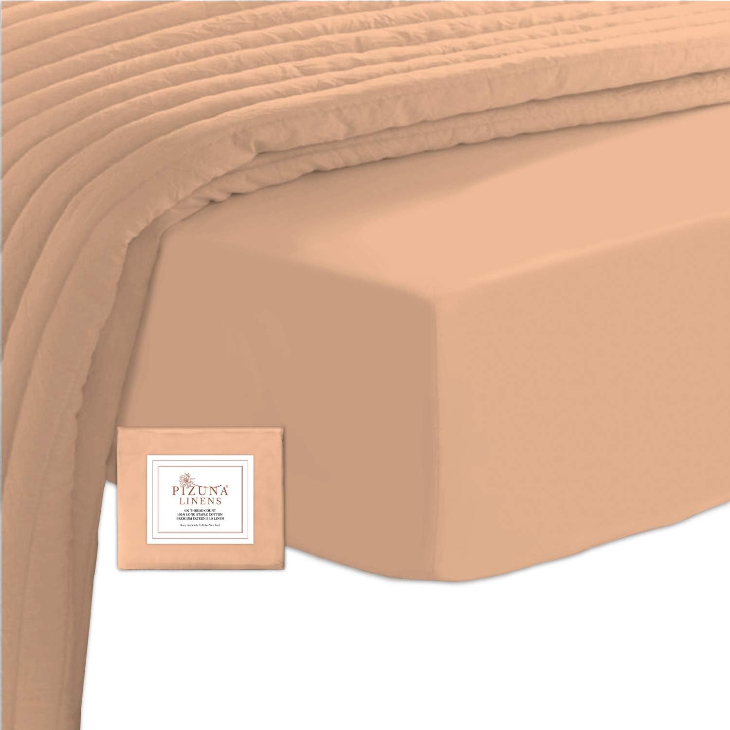 Pizuna 100% Cotton Single Fitted Sheet Peach Quartz, 400 Thread Count Long Stapl...