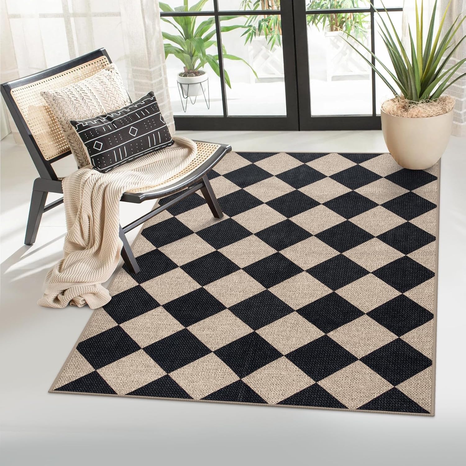 Lahome Checkered Easy Jute 3x5 Outdoor Patio Rug, Washable Rugs for Entryway Dia...