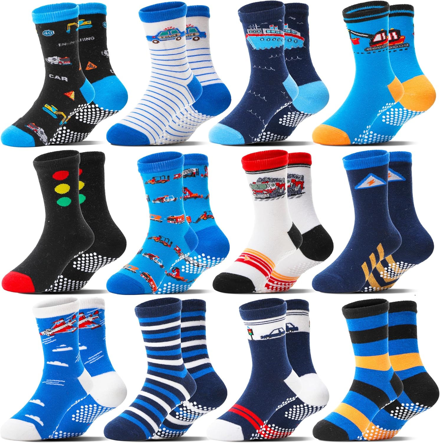 Baby Boys Grips Socks 12 Pairs Kids Toddlers Infants Anti Slip Non Skid Funny Ca...
