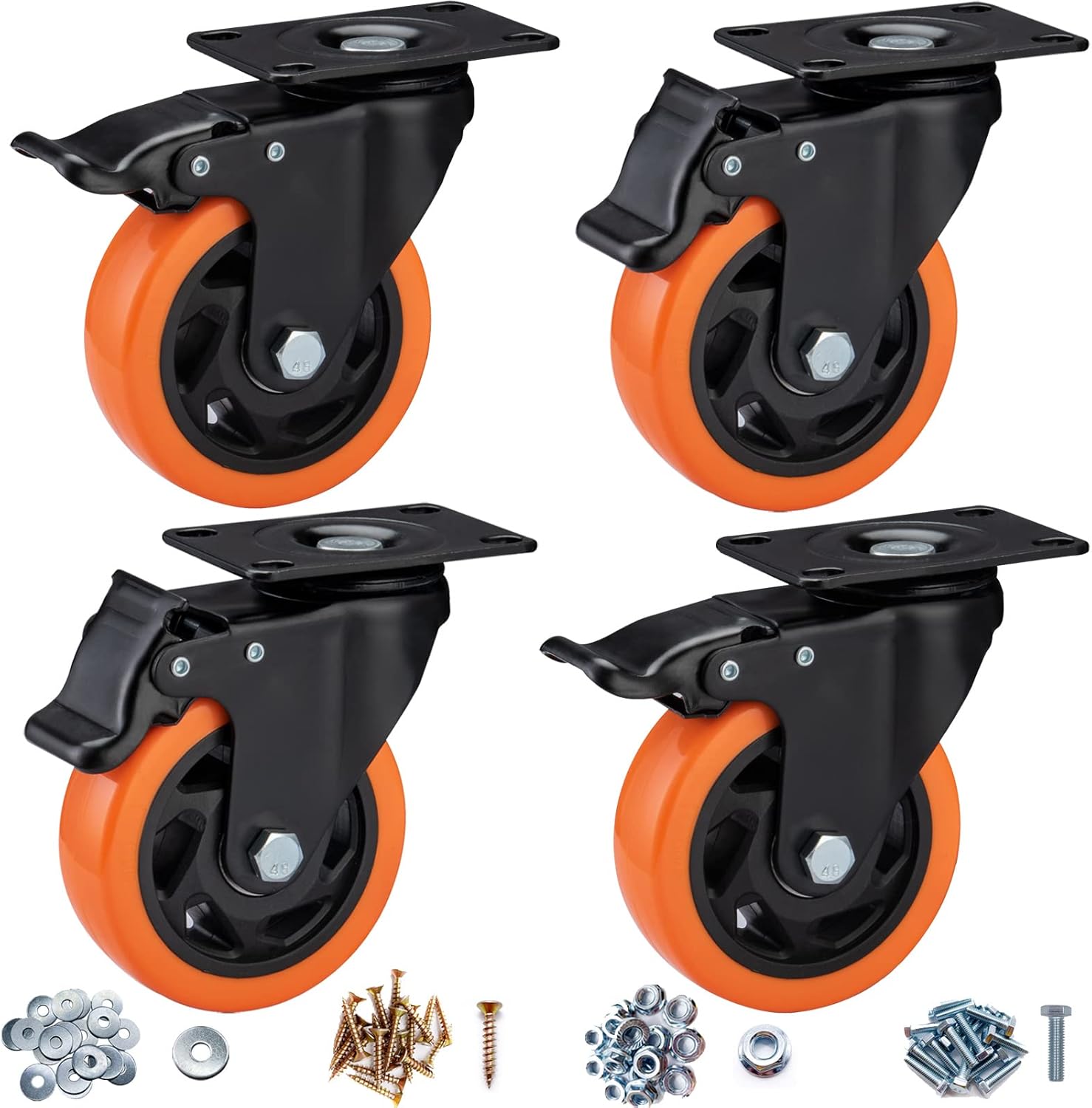 Casters, 4" Caster Wheels，Casters Set of 4 Heavy Duty - Orange Polyurethane Cas...