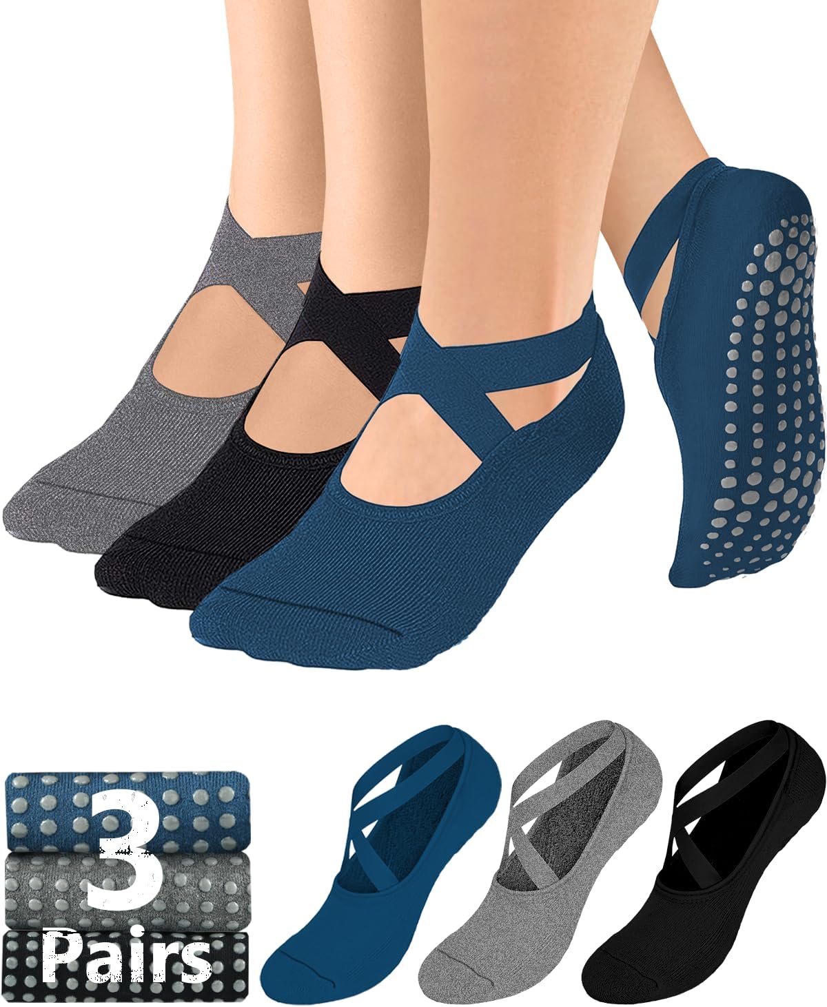 AURUZA Pilates Grip Socks for Women Non Slip Skid Yoga Socks with Grips Straps f...