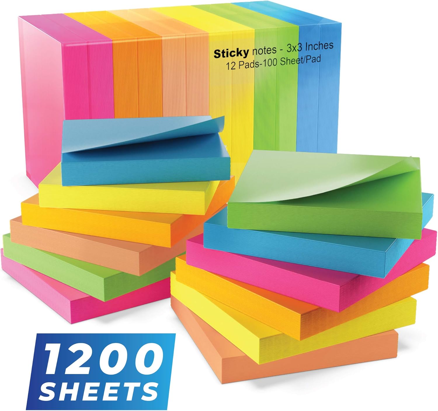 Sticky Notes 3x3 in (12 Pads) Bright Colored Super Self Sticky Pads - 100 Sheets...