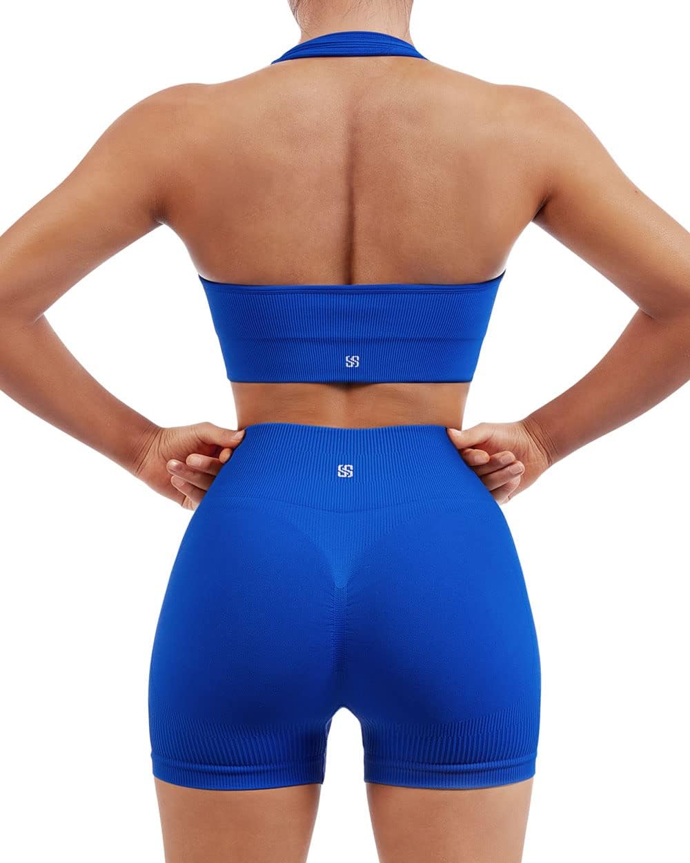 SUUKSESS Women Seamless Ribbed Workout Set Backless Sports Bra Booty Biker Short...