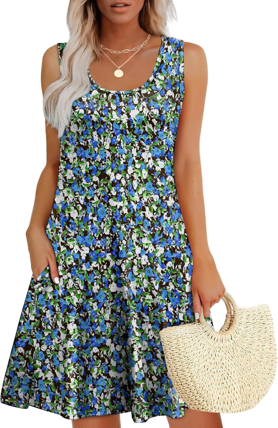 WEESO Womens Summer Dresses Loose U Neck Sleeveless Sundresses Dress with Pocket...