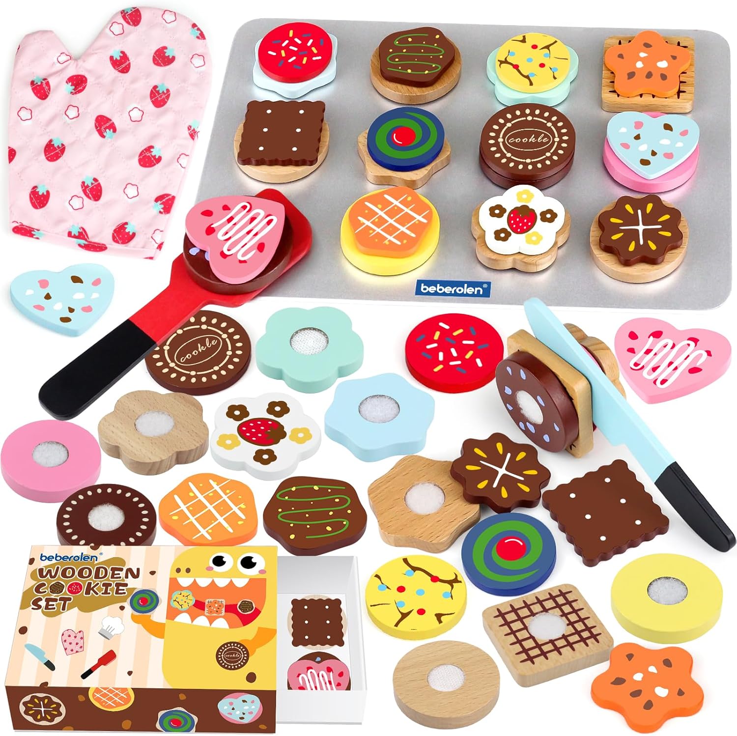 Beberolen Wooden Play Food, 30 PCS Wooden Biscuits Toy Kitchen Accessories and T...