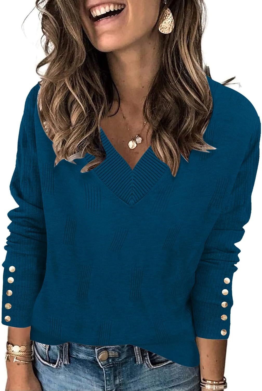 AKEWEI Womens V Neck Sweaters Long Sleeve Lightweight Knit Pullover Tops with De...
