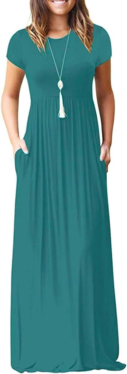 DEARCASE Maxi Dress for Women Short Sleeve Casual Summer Loose Plain Comfy Long...