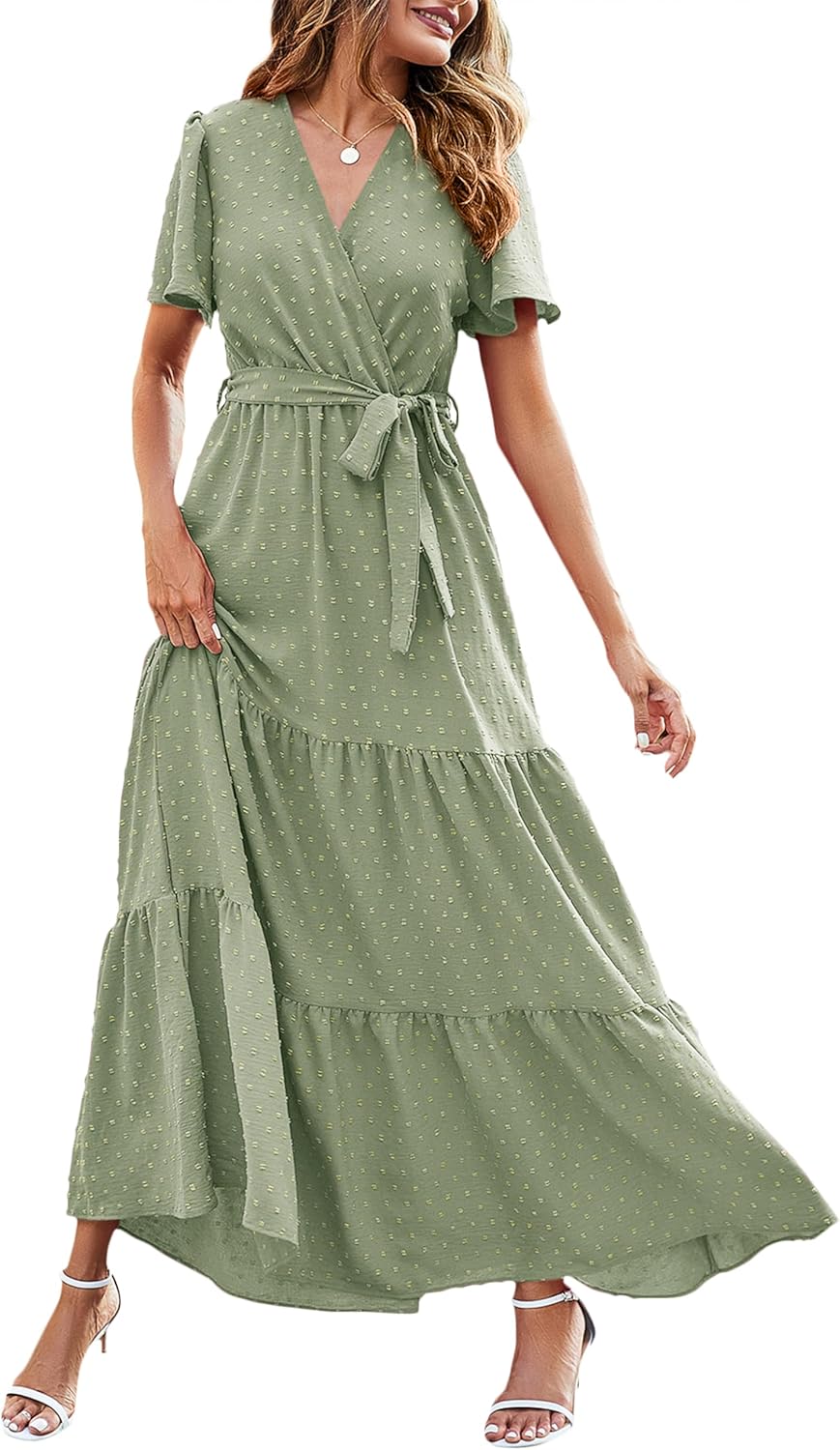 MASCOMODA Womens Boho Swiss Dot Maxi Dresses Wrap V Neck Flutter Short Sleeve So...