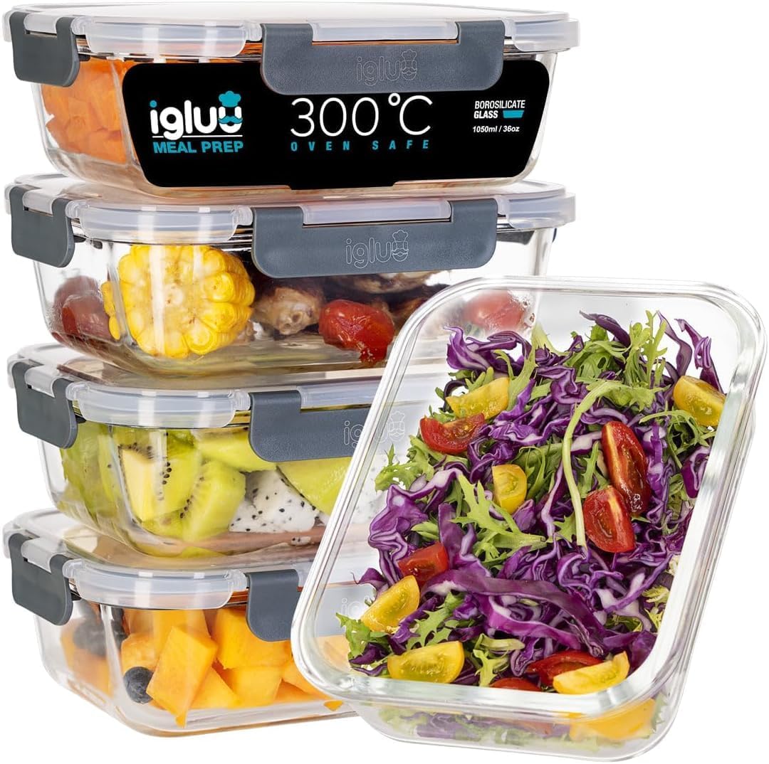 Igluu Meal Prep Glass Containers with Lids (5 pack) - Reusable Meal Prep Contain...