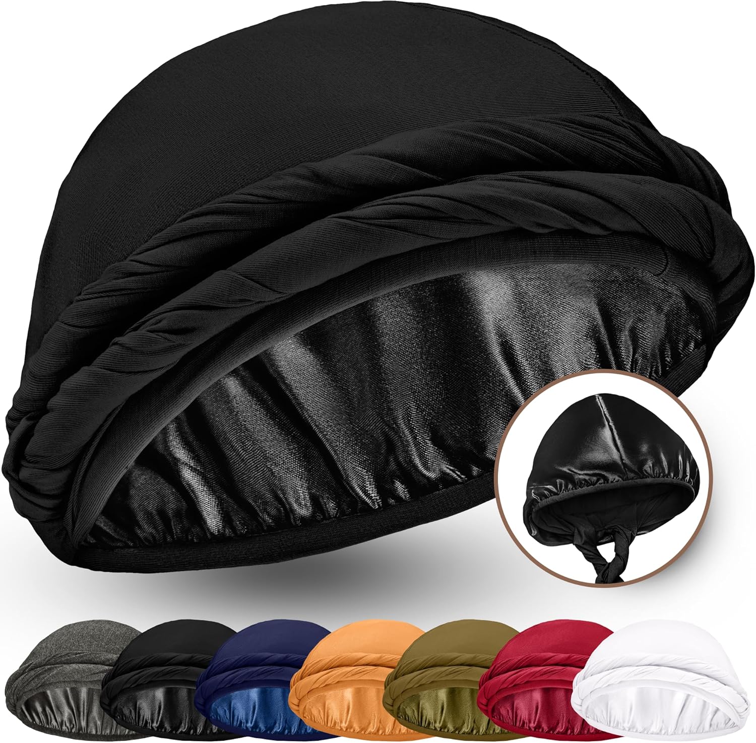 Silk Satin Lined Halo Turban Head Wrap Pre-Tied Skull Cap for Men and Women Slee...