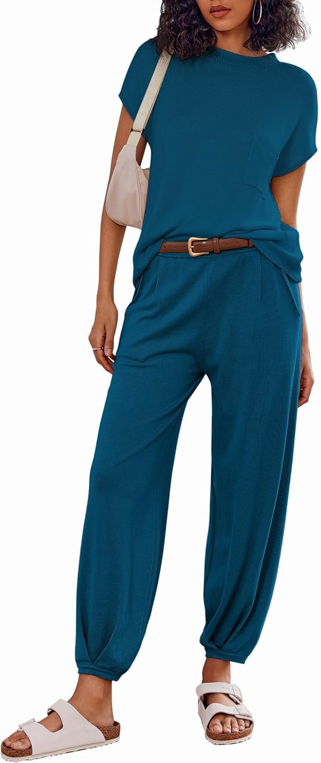 Ekouaer Women's 2 Piece Lounge Set Cap Sleeve Tops and Jogger Pants Knit Pajama...