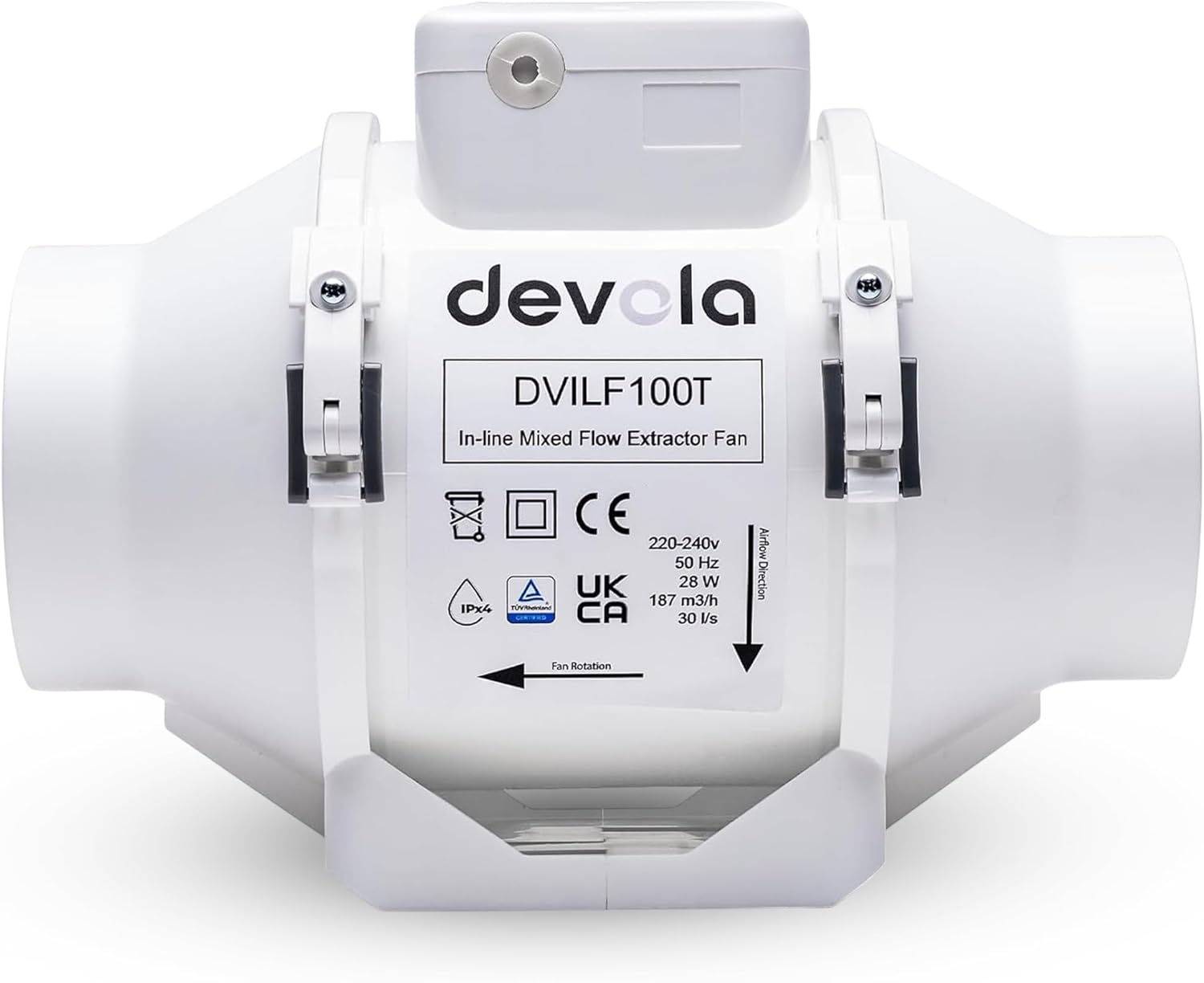 Devola In-line Mixed Flow 100mm four inch Timer Extractor Fan for Kitchen and Ba...