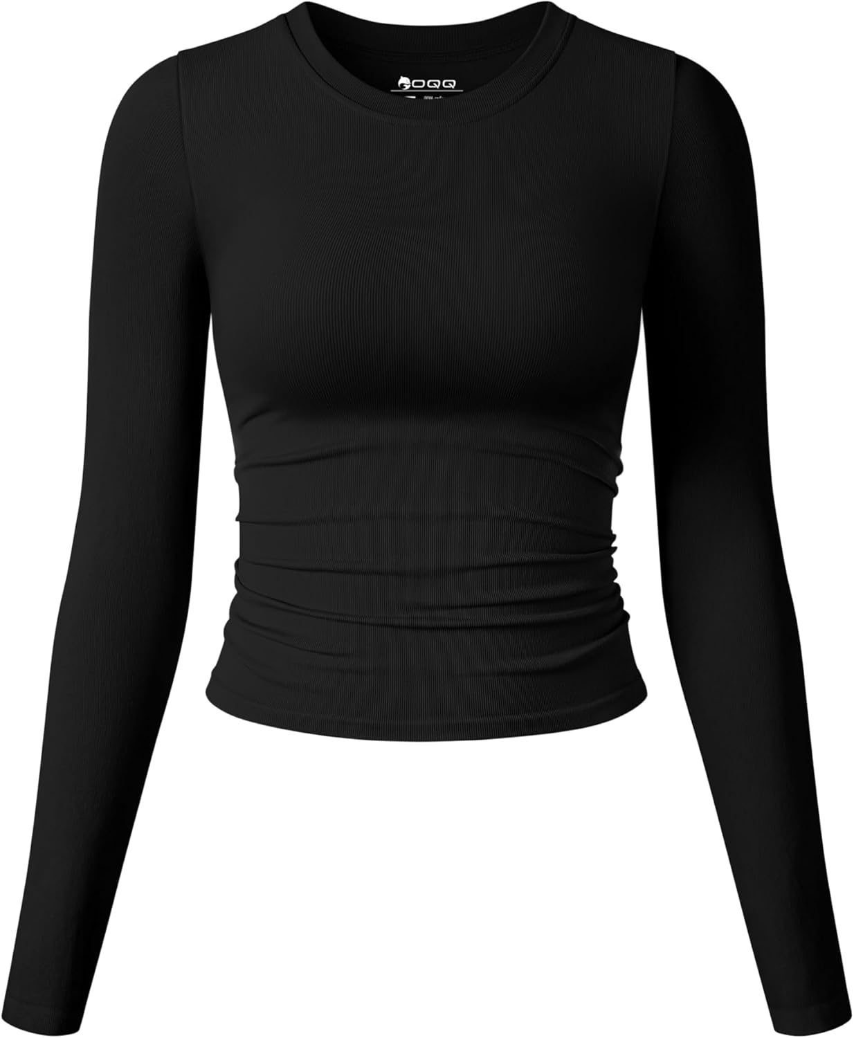 OQQ Womens Shirts Long Sleeve Crew Neck Ruched Stretch Basic Fitted Tee Shirts T...