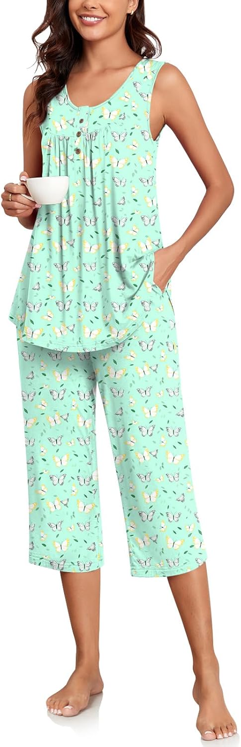 Bestbee Womens Sleeveless Pajama Sets 2 Piece Summer Lounge Outfits Henley Neck...