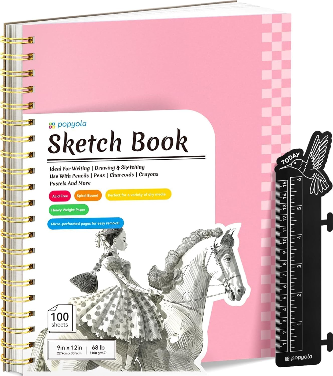 POPYOLA 9" x 12" Sketch Book with Bookmark Ruler, 100 Sheets Spiral Sketchbook f...
