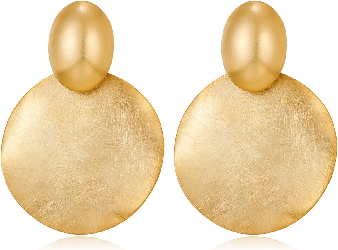 FAMARINE Big Disc Drop Earrings Gold Dangle Earrings Round Hammered Earrings Wom...