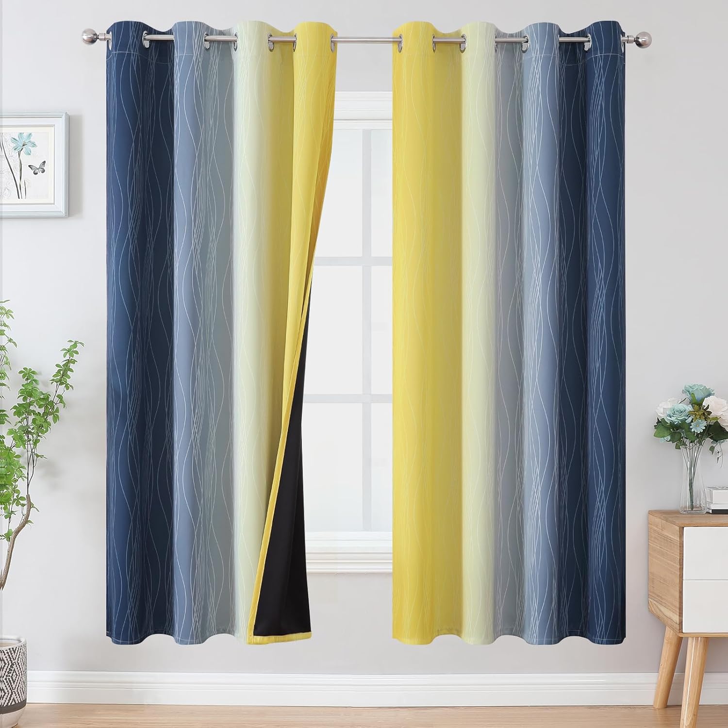 Estelar Textiler Navy Blue and Yellow Blackout Curtains 72 Inch Length 2 Panels...