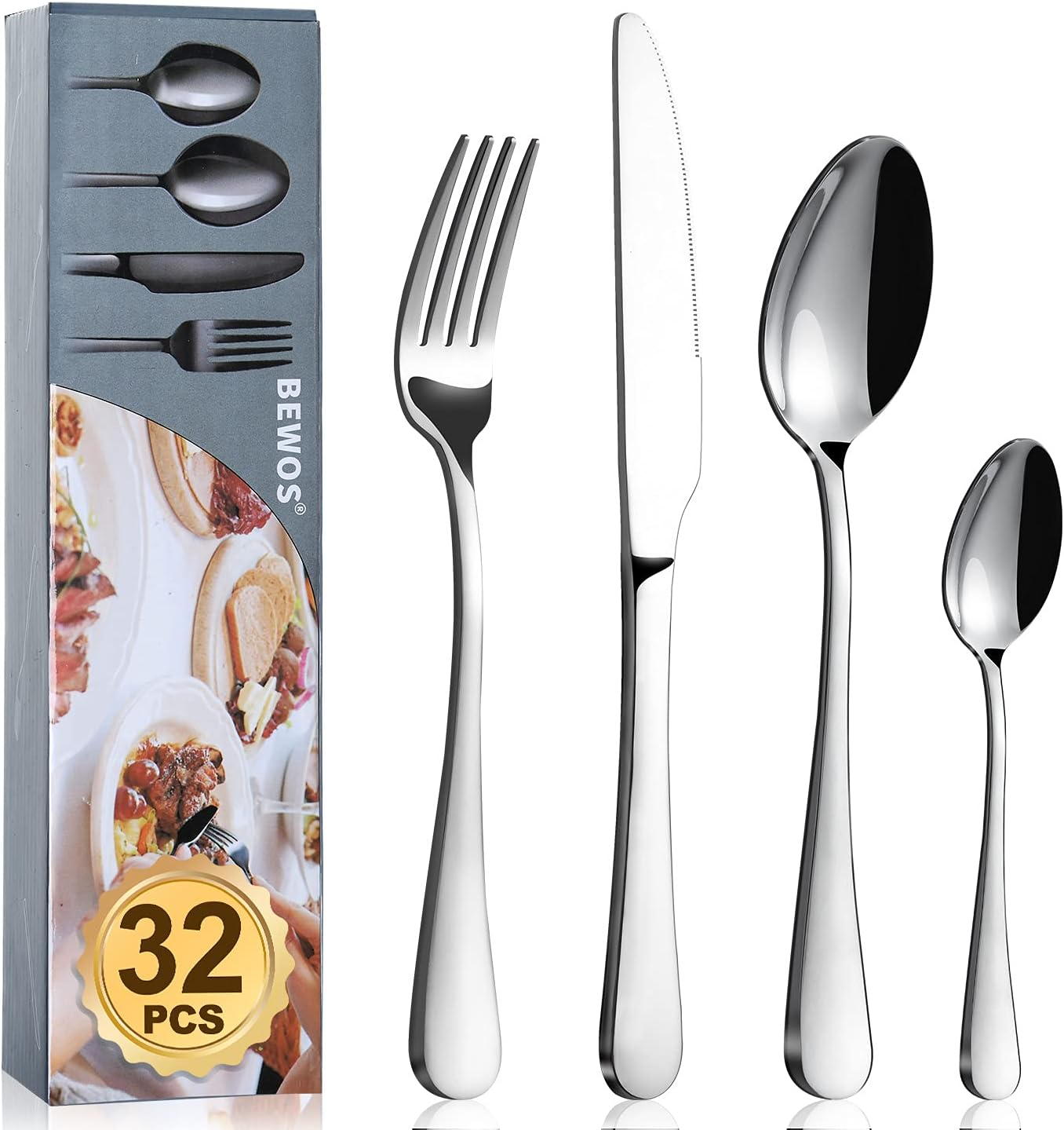 Cutlery Set, BEWOS 32 Piece Stainless Steel Flatware Set, Tableware Silverware S...